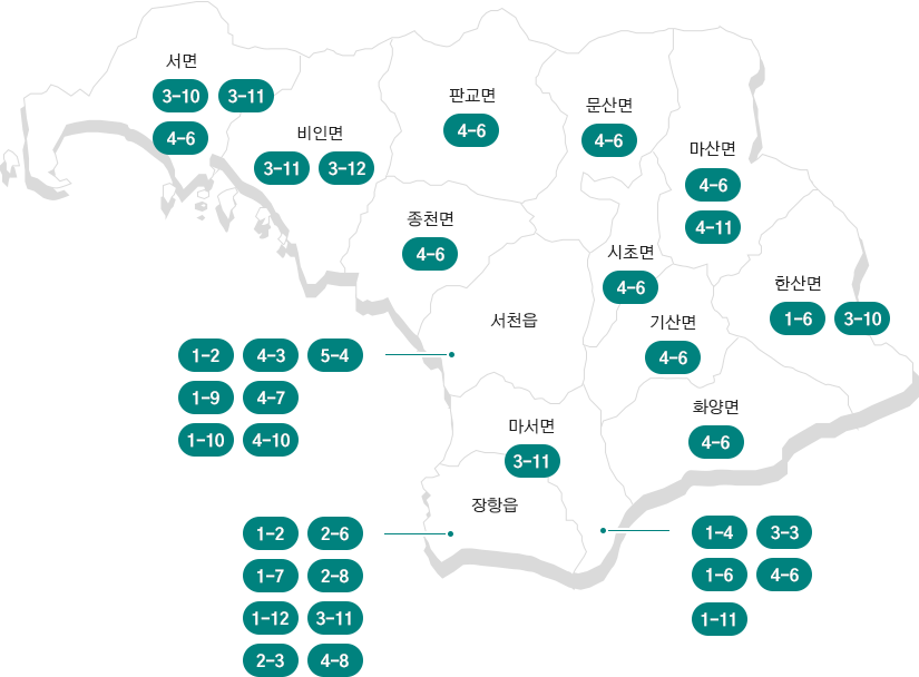서천군 지도 이미지입니다. 왼쪽 상단부터 우측 하단으로 서면, 비인면, 판교면, 종천면, 문산면, 서천읍, 마산면, 시초면, 마서면, 장항읍, 기산면, 한산면, 화양면 이 있습니다.
