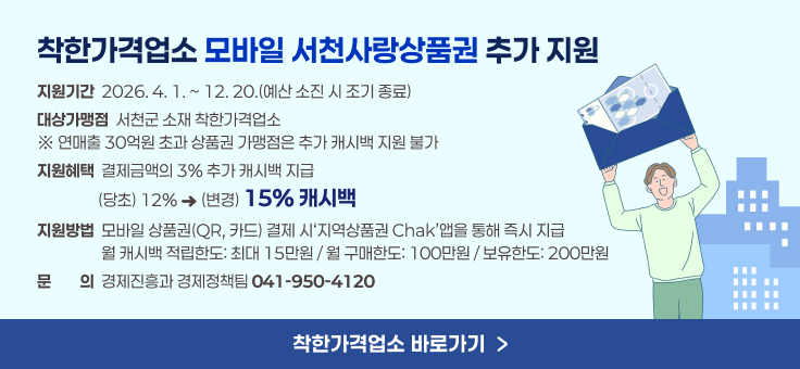 지원기간？ 2026. 4. 1. ~ 12. 20.(예산 소진 시 조기 종료)
대상가맹점 ？서천군 소재？착한가격업소？
※？연매출？30억원 초과 상품권 가맹점은 추가 캐시백 지원 불가
지원혜택？ 결제금액의？3%？추가 캐시백 지급
                 (당초) 12%？？？(변경) 15%？캐시백
지원방법 ？모바일 상품권(QR,？카드)？결제 시‘지역상품권？Chak’앱을 통해 즉시 지급
                  월 캐시백 적립한도:？최대？15만원？/？월 구매한도: 100만원？/？보유한도: 200만원
문문의의 ？경제진흥과 경제정책팀 041-950-4120
착한가격업소 바로가기